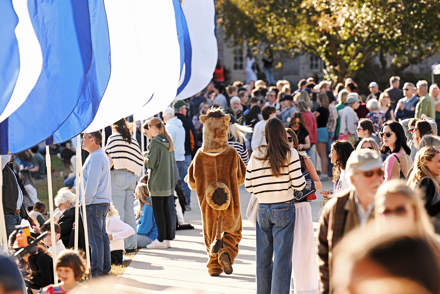 Camel mascot walks through a huge crowd at Fall Weekend