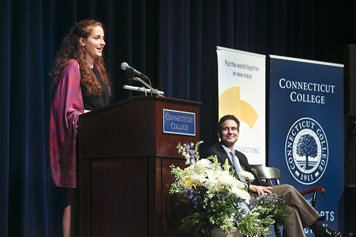 SGA President Jamila Ezbidi '19 addresses new students and their parents.