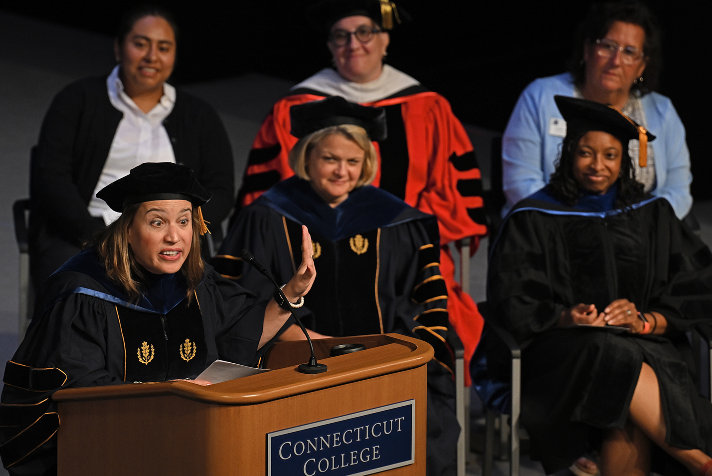 A professor in full regalia speaks from the podium.