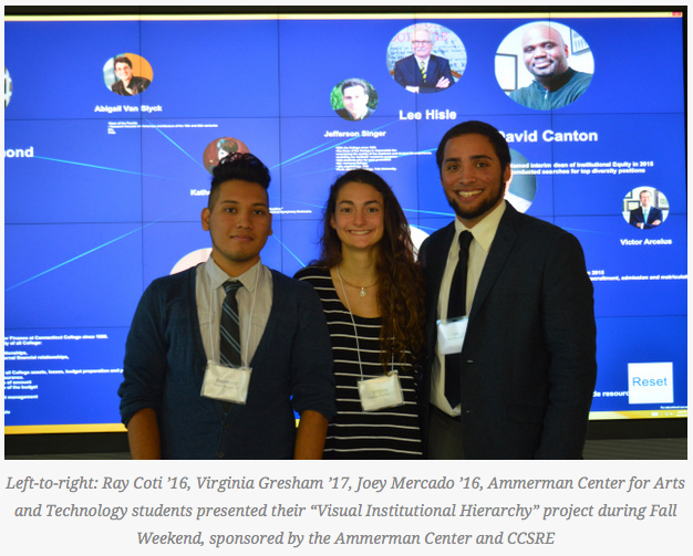 students posing in front of the visualization wall in Shain Library